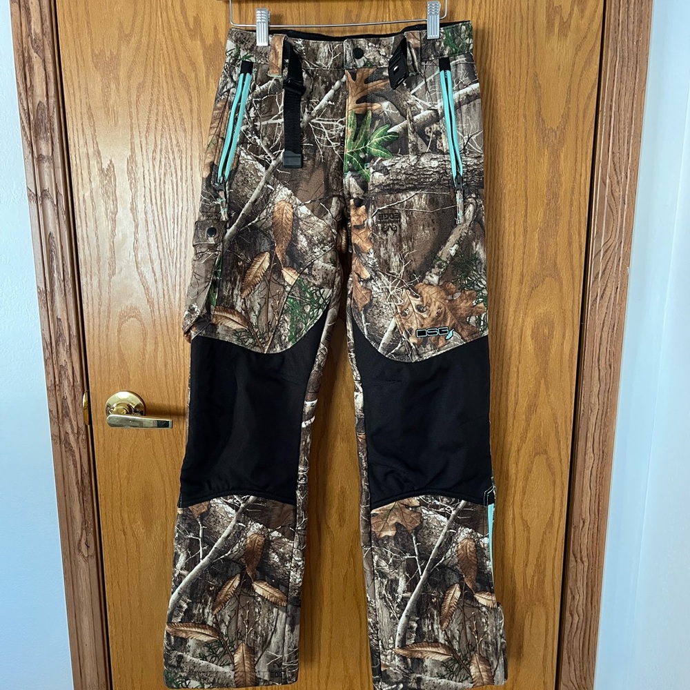 DSG Camo Hunting Pants with Black Knee Panels and Teal Accents